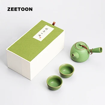 

Japanese Kung Fu Tea Set Ceramics Kiln Coarse Pottery Side Handle Teapot Tea Cup Home Decor Cabinet Ornaments Gift Box Green New