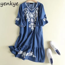 Women Vintage Blue Denim Dress Lady V Neck Flare Sleeve Summer Casual Floral Embroidery Dress Plus Size vestido