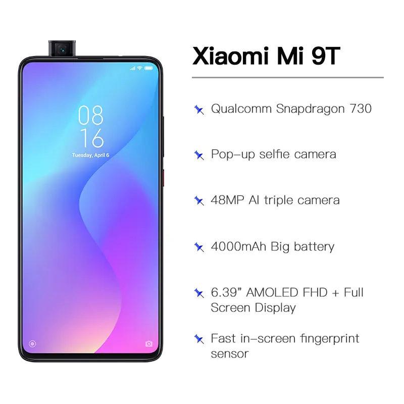 Глобальная версия Xiaomi Mi 9T 6GB 64GB Смартфон Snapdragon 730 Octa Core 6,3" AMOLED Экран 48MP Камера 4000 мА-ч