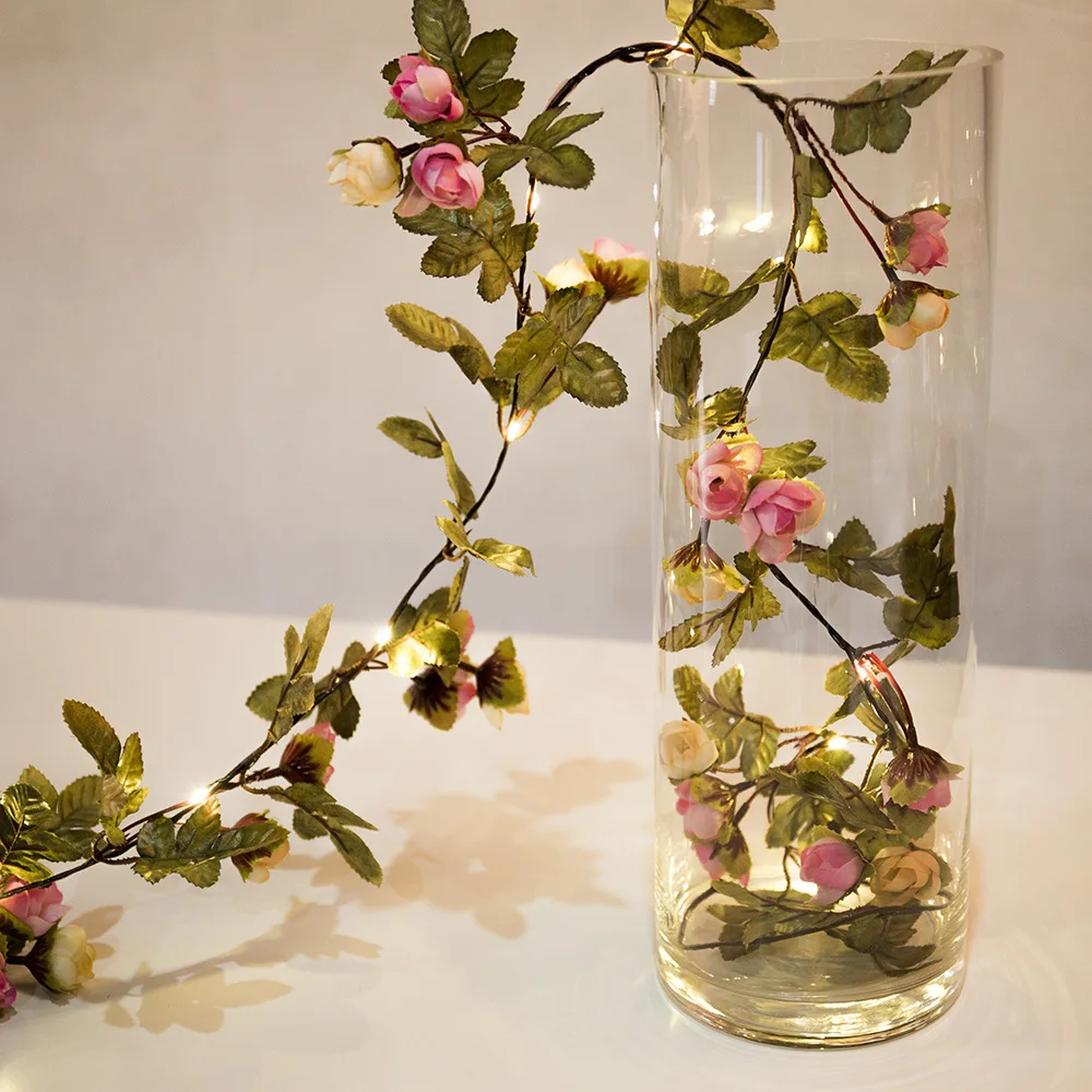 Folhas de Videira m de Cobre Thrisdar 2 m 5 Led String Fada Natal Luz Diy Artificial Silk Rose Flor Guirlanda Casamento Decoração