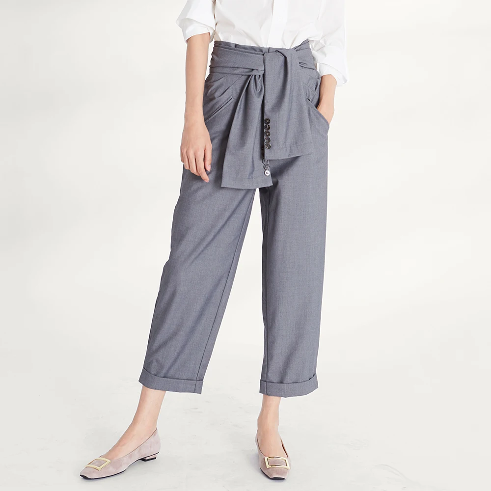 Runway Pants Women High Waist Sashes Pocket 100 Polyester Fabric