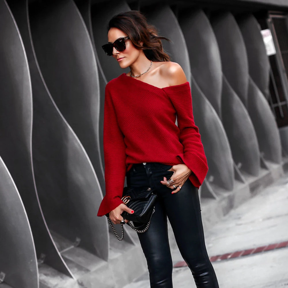 

Feminino Top Cotton Poncho Sweater Women Pullover Autumn And Winter Round Neck Long-sleeved Off-the-shoulder Blouse