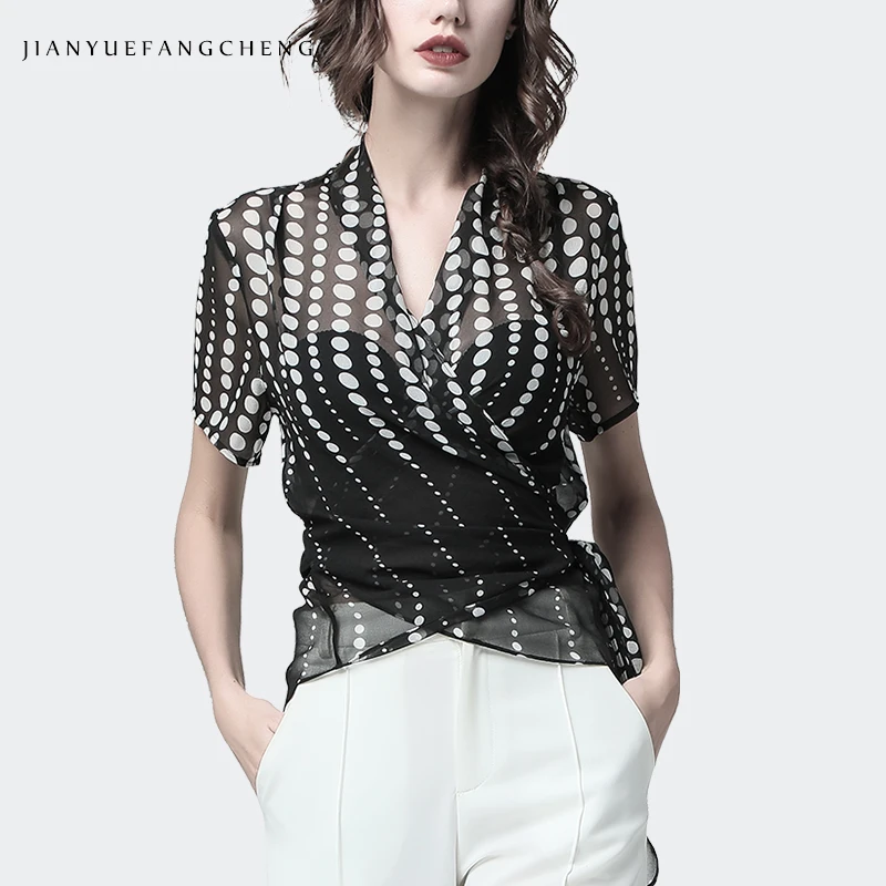 

Women Summer Blouse Polka Dot Printed Chiffon Top With Bra 2 Pieces Sashes Tie Up V-Neck Short Sleeve Sexy Slim Office Blouses