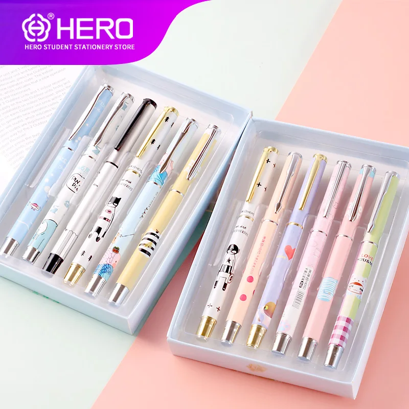 

Hero Fountain Pens for school Cartoon schoolboy with pen Supplies High Quality Luxury 0.38mm Smoothly Writing Pens 6 packs