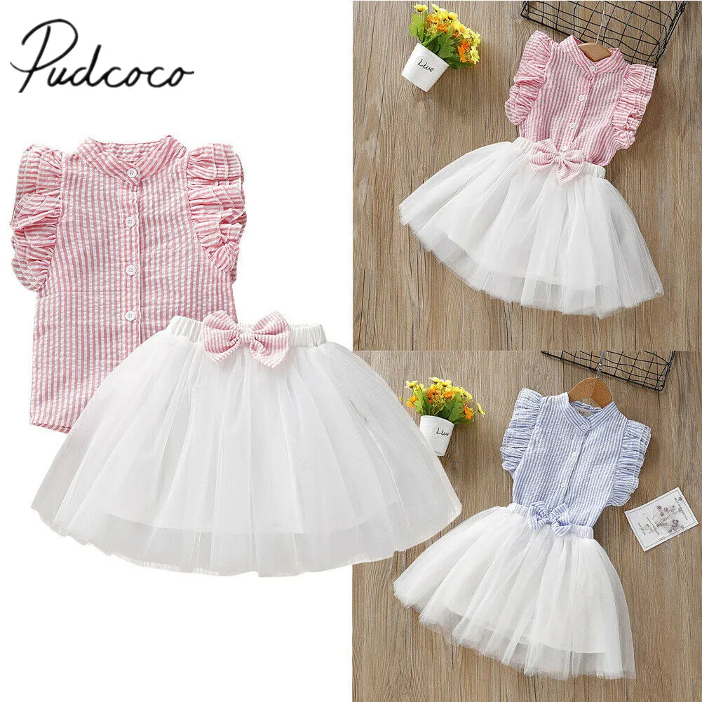 

2019 Baby Summer Clothing 3-8Y Kids Baby Girls Sleeveless Single Breasted Striped Top T-Shirt+Lace Tutu Chiffon Skirt 2PCS Sets