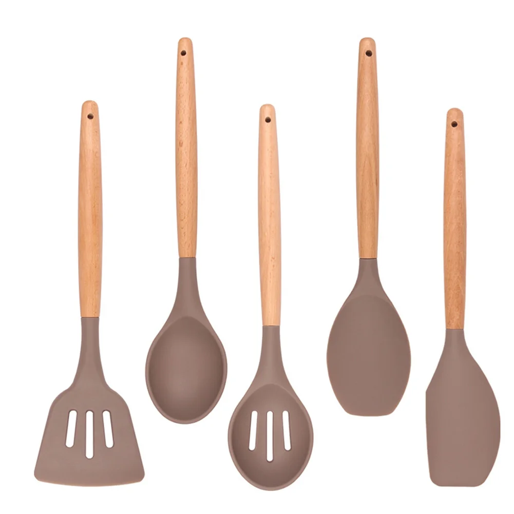 

5Pcs Kitchenware Natural Non Stick Heat-Resistant Wood Handle Baking Tools Silicone Cookware Spatula Spoon Cooking Utensil Set