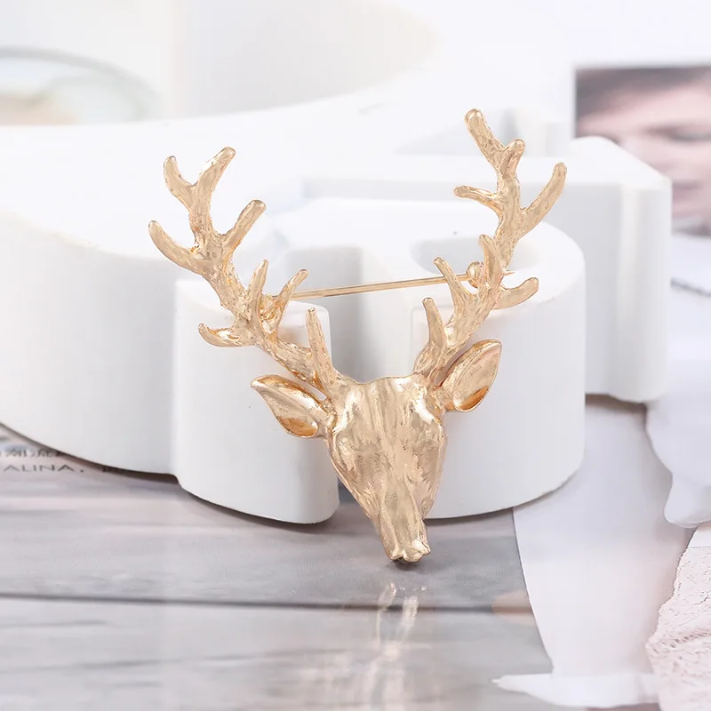 Unisex Animal Christmas Xmas Popular Cute Gold Deer Antlers Head Pin Brooches For Women Lady Classical Decoration Pins