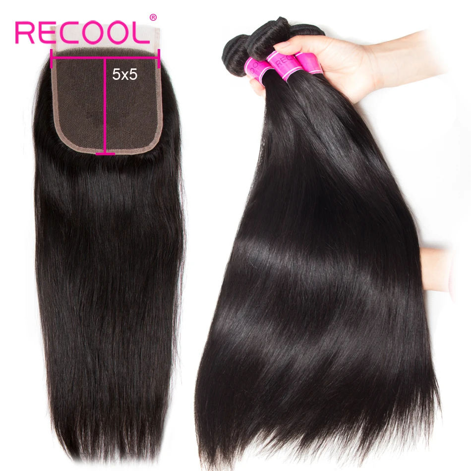 

Recool Brazilian Straight Hair Bundles With Closure 3 Bundles With 7X7 Lace Closure Remy Human Hair Weave Bundles With Closure