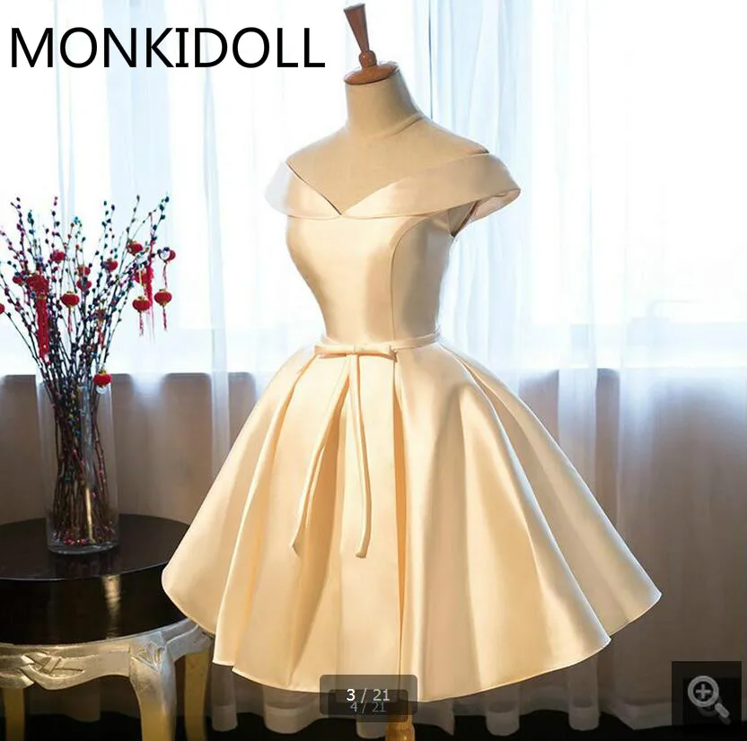 

Real picture new champagne satin ball gown short prom dress off the shoulder v neck informal reception prom dresses hot sale