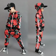 Хороший Демисезонный уличная Костюмы красный с цветочным принтом костюмы спортивные Костюмы лоскутное танцевальный Хип До хоп штаны и толстовка