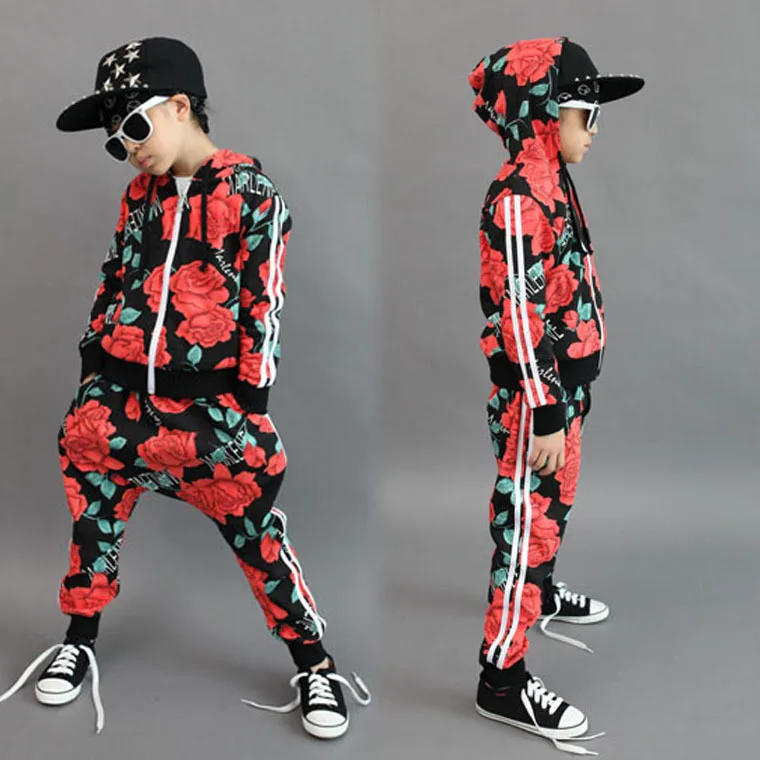 

Nice Spring Autumn Streetwear Clothing Set Red Flowers Print Costumes Sport Suits Patchwork Hip Hop Dance Pant & Sweatshirt