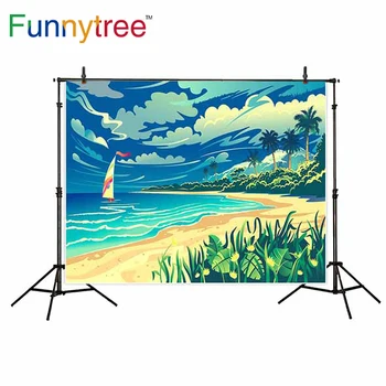 

Funnytree background for photo studio sea beach plant cloud cartoon sailboat photography backdrop photobooth photocall printed