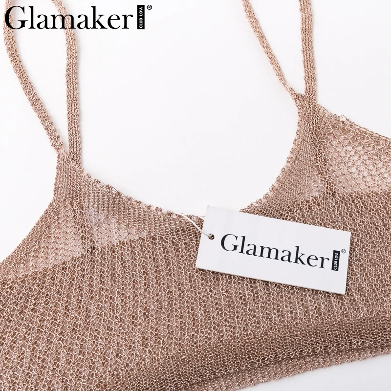 Glamaker, Золотой Металл, вязанный, сексуальный, шикарный, на бретельках, женский, вечерние, клубный, на бретелях, блестящий, осенний, камзол, женский, летний, короткий топ