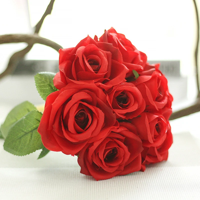 Розы 6 шт голова+ 3 шт бутон искусственный цветок для свадьбы День Святого Валентина вечерние букет невесты шелковый декоративный цветок розы