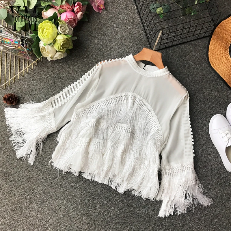 

YornMona Cute Tassel White Top Blouse Women O-Neck Three Quarter Sleeve Korean Style Women Shirts Patchwork Harajuku Blouses