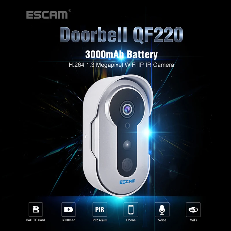 ESCAM Doorbell QF220 HD 960 Built In 3000 MAH Battery Infrared Wireless Smart Doorbell 960P P2P Mini IP IR Surveillance Cameras