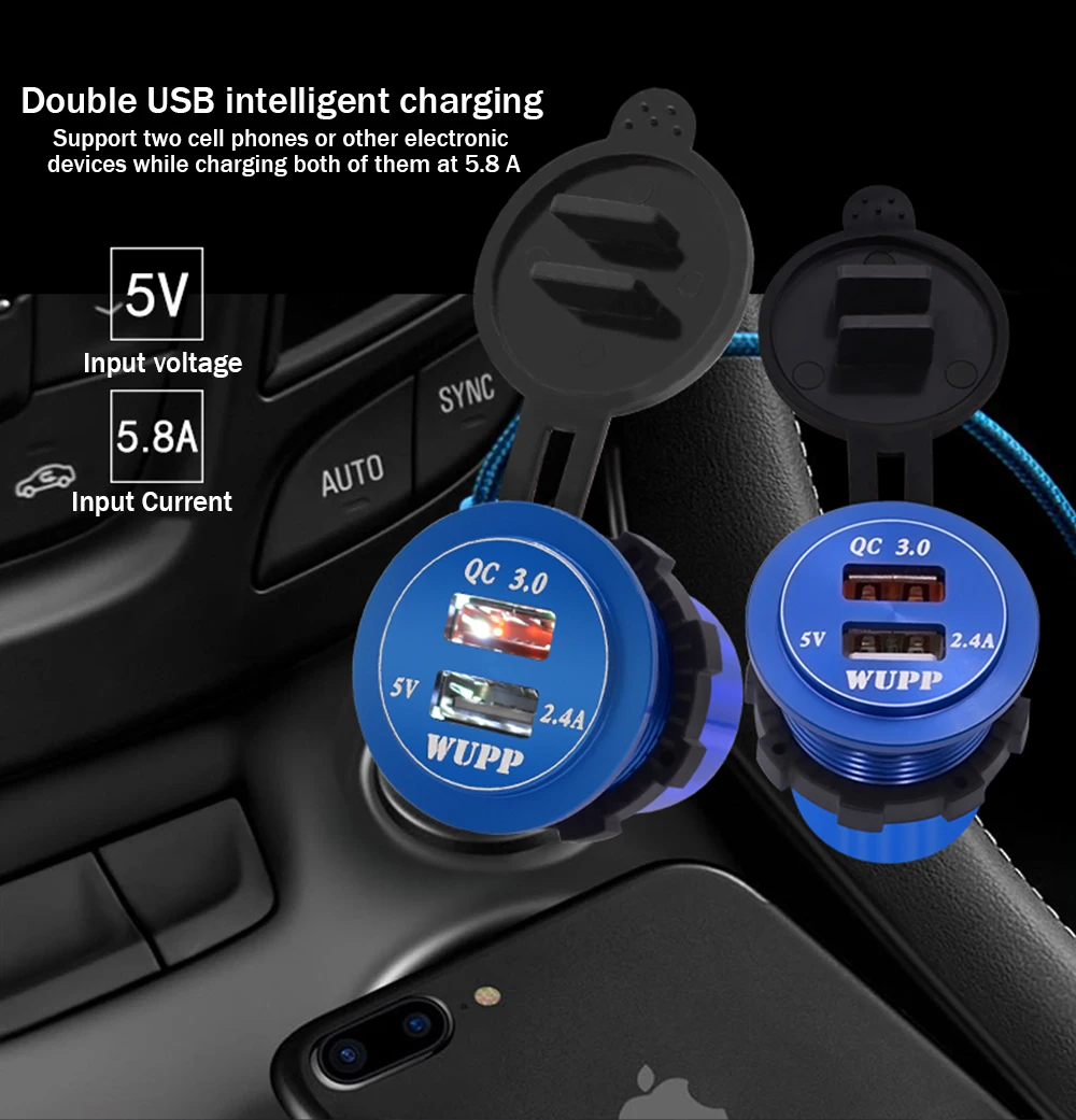 WUPP разъем питания автомобильное быстрое зарядное устройство QC 3,0 двойной USB 5 цветов алюминиевый корпус 5В/3.4A 2 порта зарядки мобильного телефона для iPhone X