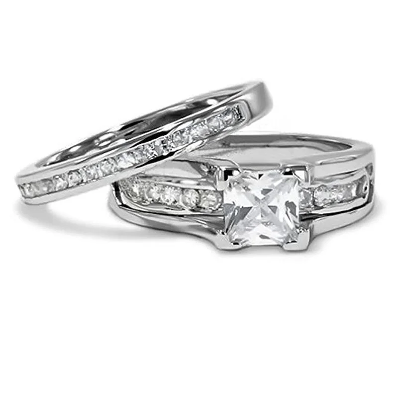 Princess Cut Cubic Zirconia Couples Rings Stainless Steel Wedding Ring Set for Women and Men Party Jewelry Wholesale