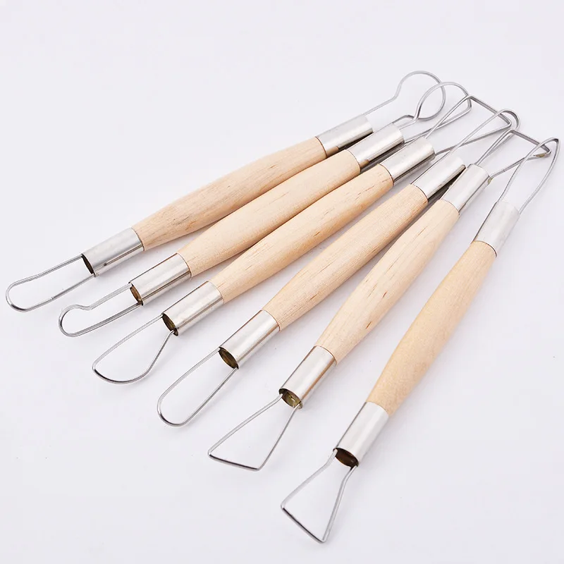 

Wooden Handle with Stainless Steel Wire Double Head Carving Tool Clay Sculpture Flat Knife Double Head Shaping Tool 6pcs/set
