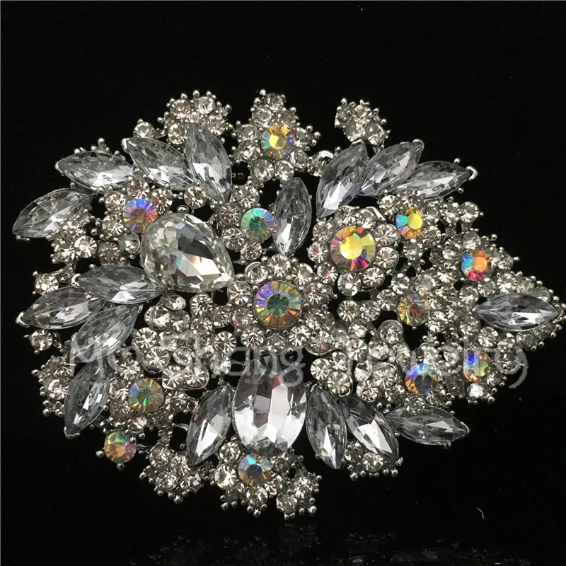 AB Rhinestone Brooch Large Rhodium Plated Vintage Pin Retro Crystal
