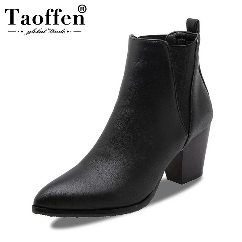 Cena Taoffen panie biurowe kostki buty Plus rozmiar 32 46 Sexy Pointed Toe zimowe buty z futrem kobiet utrzymać ciepłe kwadratowy obcas krótkie obuwie