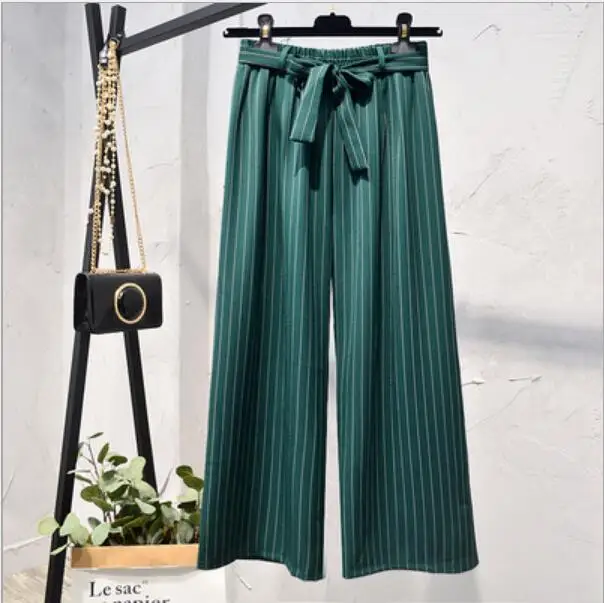 Green FATIKA, свободные полосатые штаны, широкие штаны с поясом, длина по щиколотку, трендовая уличная одежда, весна, новинка, для женщин - Цвет: Green