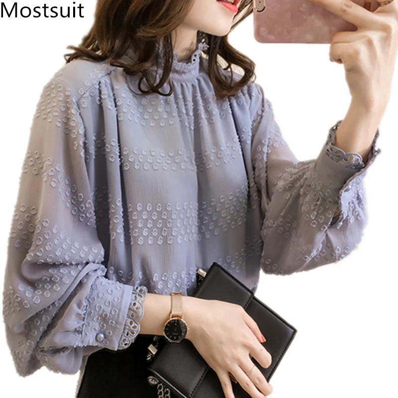 

M-4xl Plus Size Chiffon Blusas Blouses Women Spring Autumn Korean Elegant Loose Pullovers Lantern Sleeve Stand Collar Shirt Tops