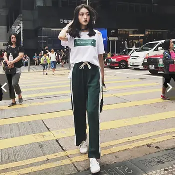 

2 Pcs/Suit Letter Print T-Shirt Loose Tops + Split Striped Wide Leg Pants Set