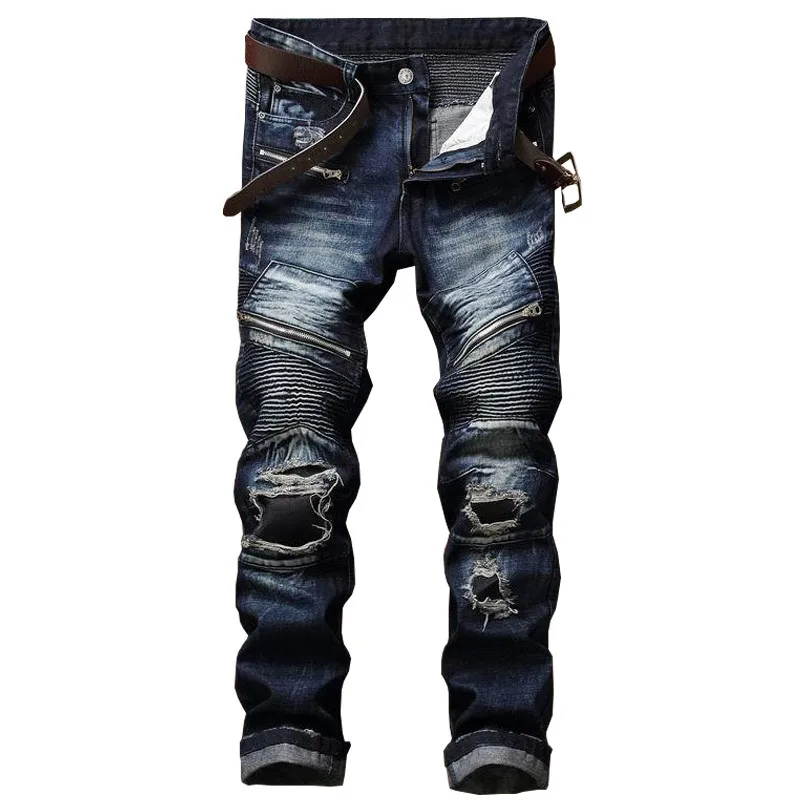 

Newsosoo Brand Designer Man Ripped Patch Moto Jeans Male Slim Fit Straight Biker Denim Pants Trousers Distressed Multi Zipper