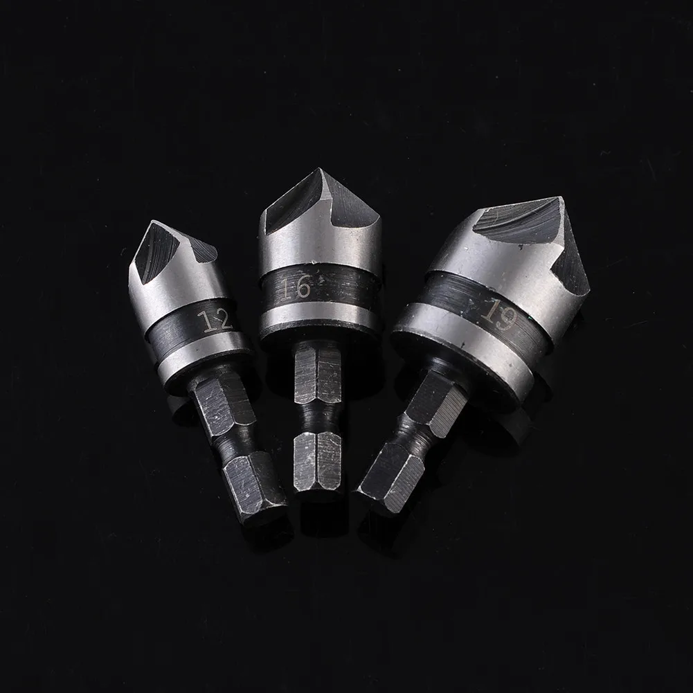 3Pcs/set New 90 Degree 1/4 Hex Shank Drill Bit 5 Flute 12-19mm Woodworking Chamfer Counter Sink Chamfering Debur Countersink