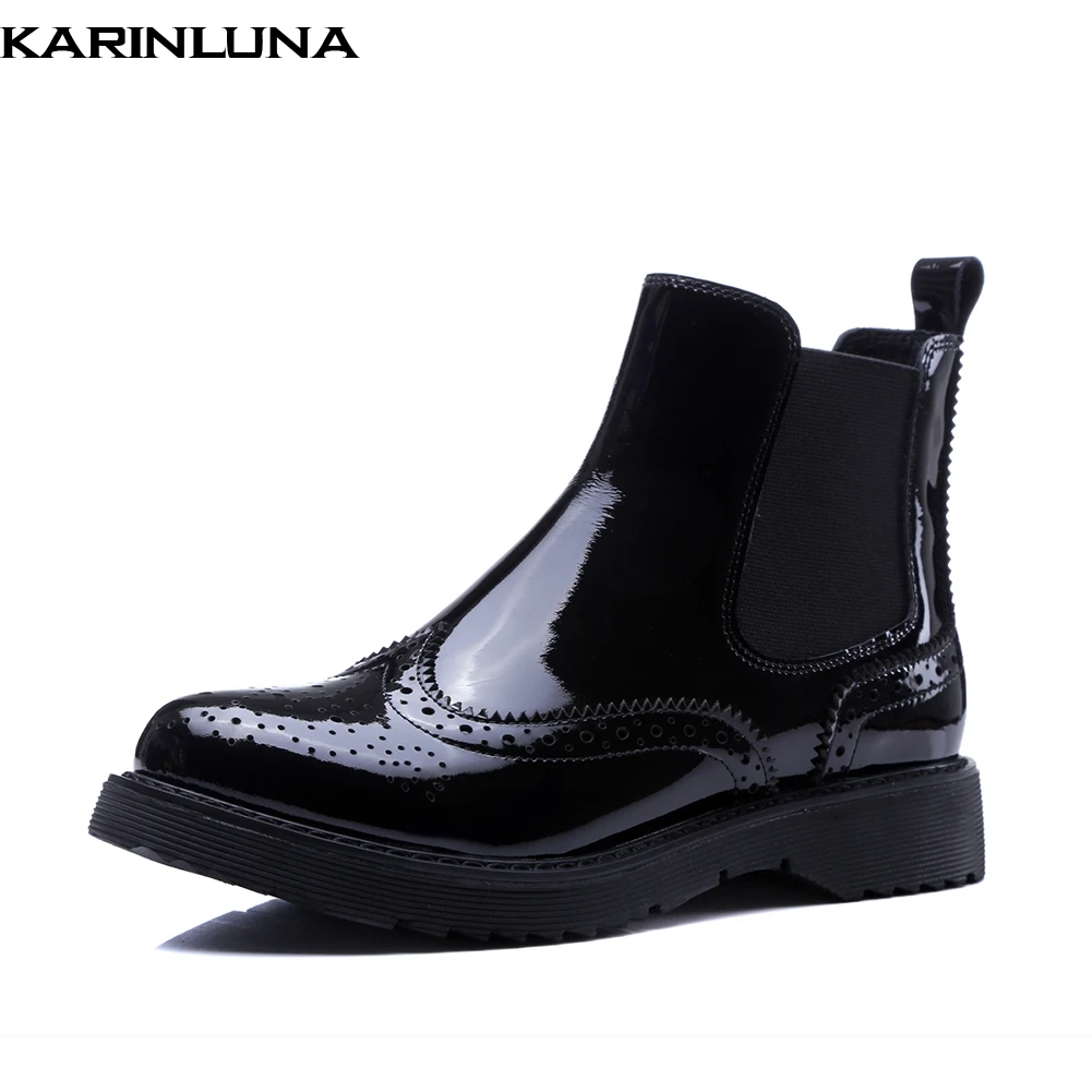 

Karinluna 2019 new patent leather Genuine Leather chelsea Boots Women Shoes fashion brogue shoes leisure ankle Boots