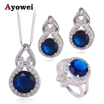 

Summer Style Saphire Blue Zircon Silver Stamped Zirconia Fashion Jewelry Set Wedding Crystal Earrings Necklace Ring JS628A
