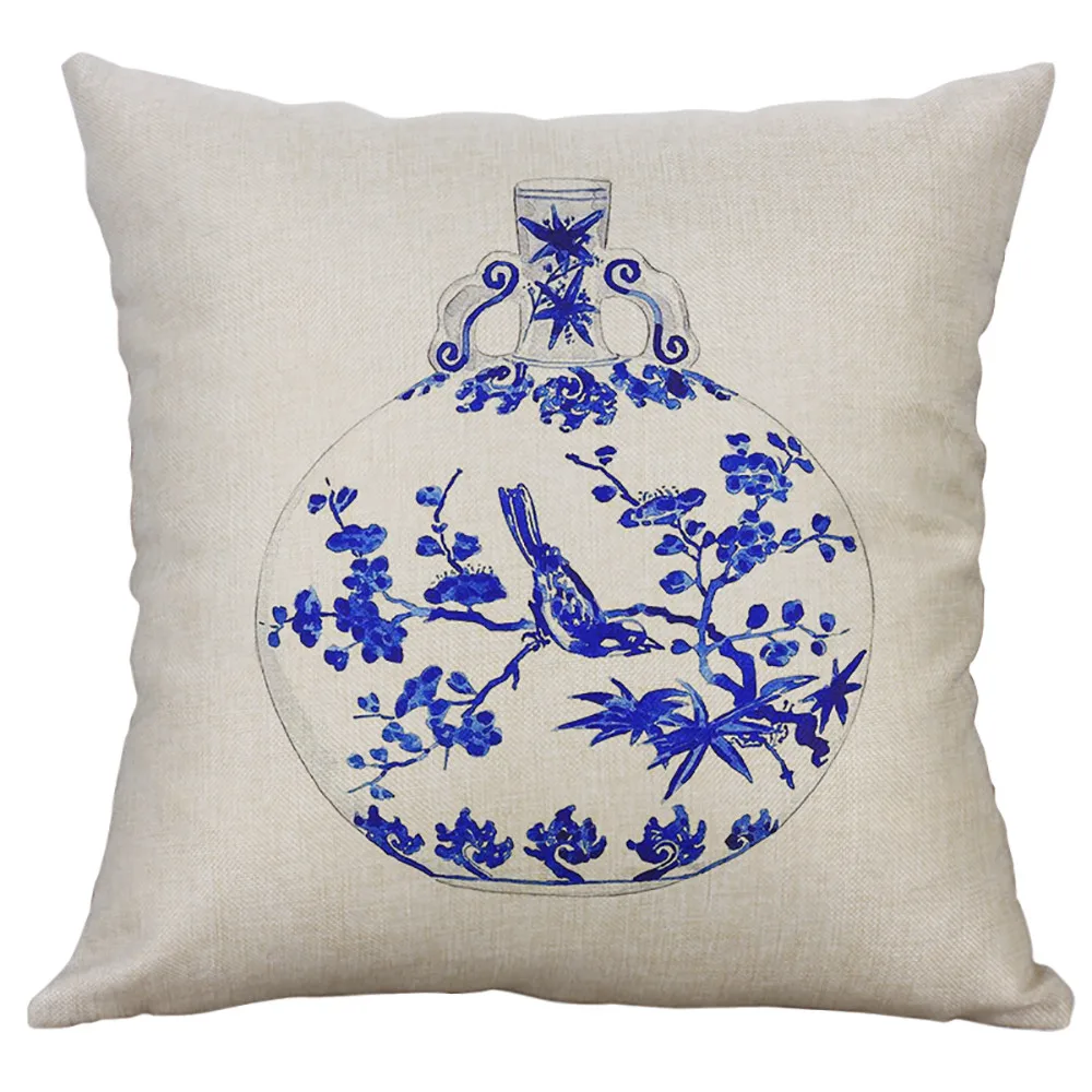 

Chinese Style Blue and White Vase Chair Cushion Pillowcase Cotton Linen Throw Pillow Case Cover Festival Presents