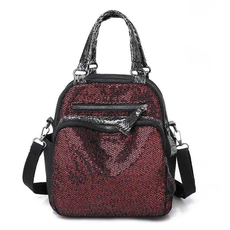Нейлоновые рюкзаки для женщин, рюкзак с блестками из искусственной кожи, Лоскутная сумка на плечо, школьная сумка, женские классические блестящие сумочки в сетку, рюкзаки для путешествий - Цвет: SLT357-Red