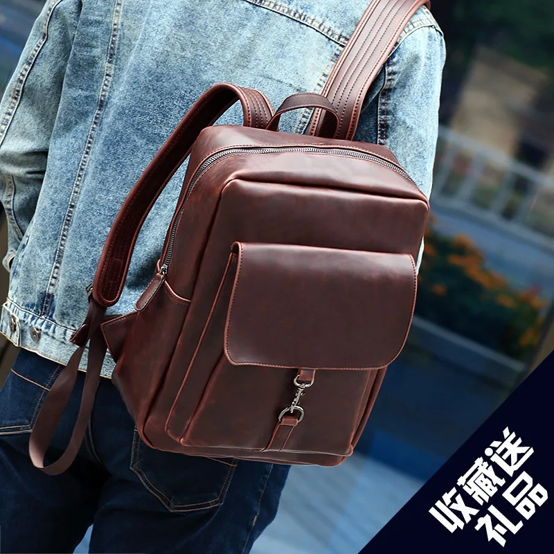 Men Backpack Small Size Travel Bag PU Leather Vintage Backpack Student