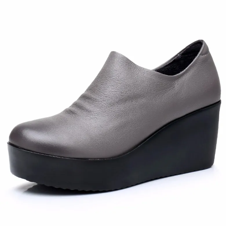 BEYARNE/ г. Клинья женские туфли для девочек весна-осень, без шнуровки, высокий каблук, круглый носок, натуральная кожа, повседневная женская обувь на платформе WomanE296 - Цвет: Серый