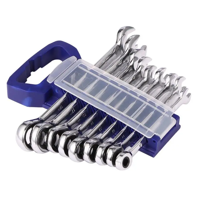 

9pcs Dual-purpose Combination Quick Offset Spanner Dual Use Stubby Ratchet Wrench Vehicle Car Repair Tool with Ring Spanner