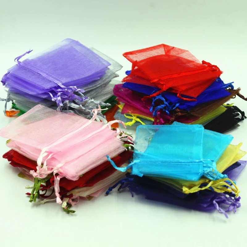100pcs/lot Small Organza Bags 12x9cm Multi-Color Wedding Jewelry Christmas Candy Drawable Packaging Organza Gift Pouch
