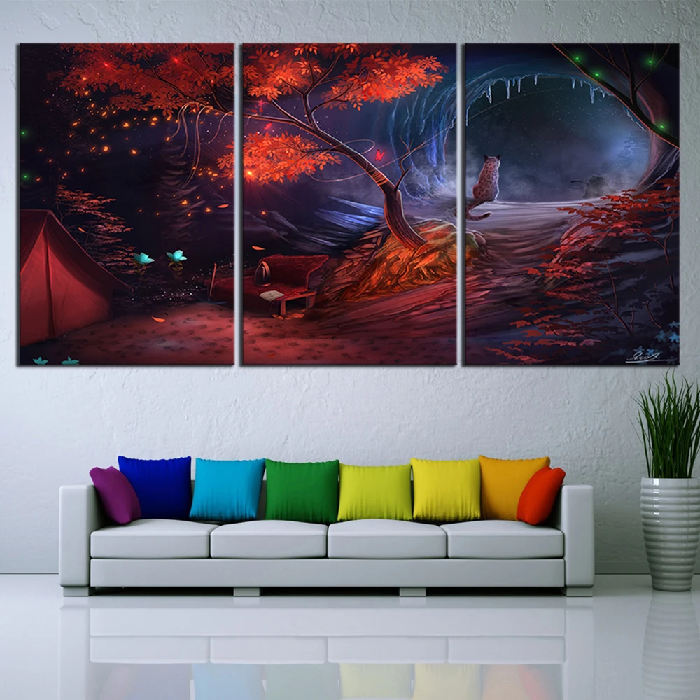 

Landscape Oil Painting Abstract Art 3 Pieces A Cat Under The Starry Sky Wall Art Home Decor