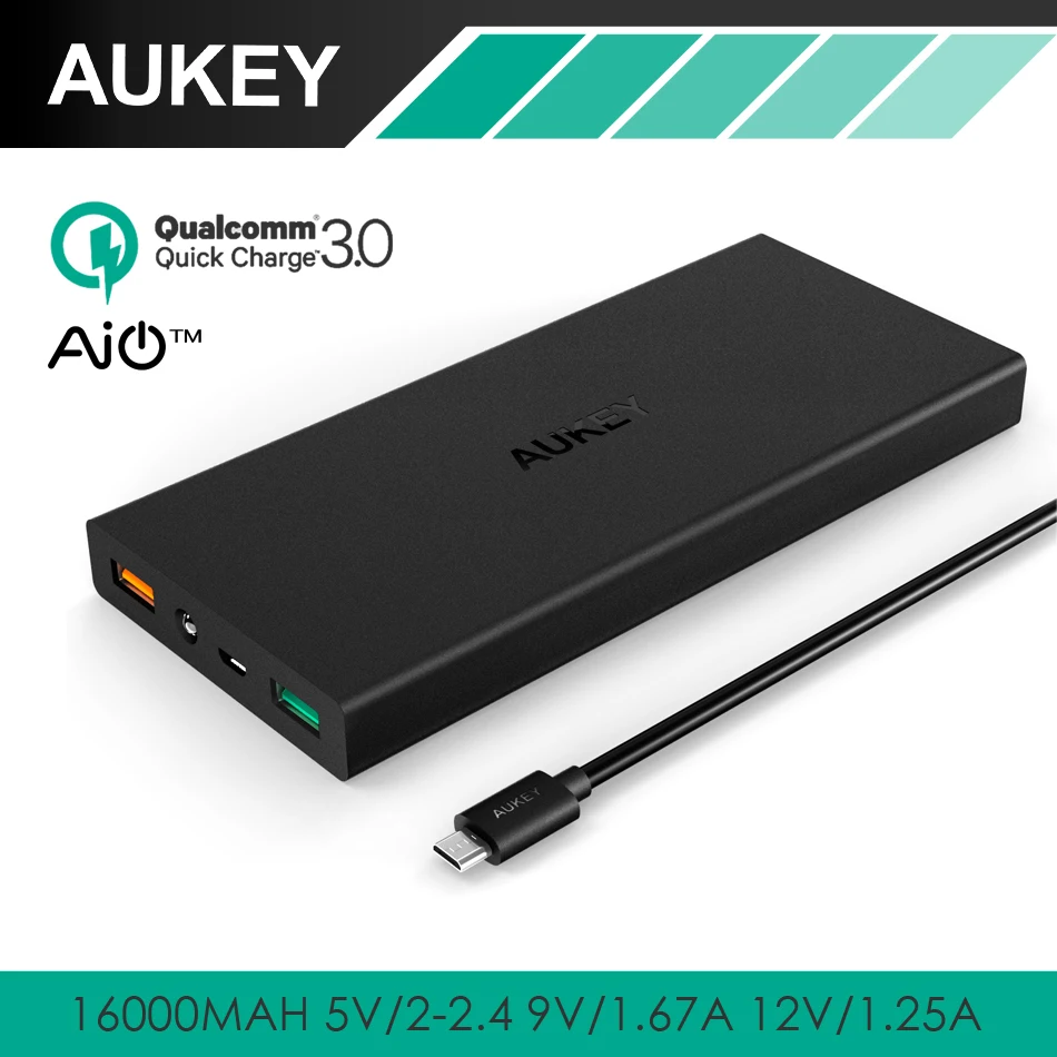 Quick Charge 3.0 AUKEY Power Bank with AiPower Adaptive Charging; Dual Port 16000mAh Portable Charger for charge LG G5, HTC 10