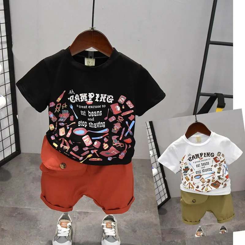 Online Conjuntos de niños 2019 conjunto de niños pantalones cortos de verano ropa de dibujos animados camiseta y pantalones para niños bebé traje de algodón 2 6 años