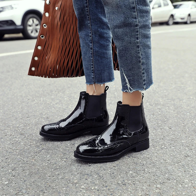 

SHEHUIMEI Women's Chelsea Boots Patent Leather Slip on Shoes for Women Ankle Boots 2019 Round Toe Brogue Lady Elegant Booties
