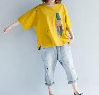 

New women t-shirt 2019 for summer plus size yellow printed loose cotton Tees casual tops Female shirts XXL 4XL Blusas ladies