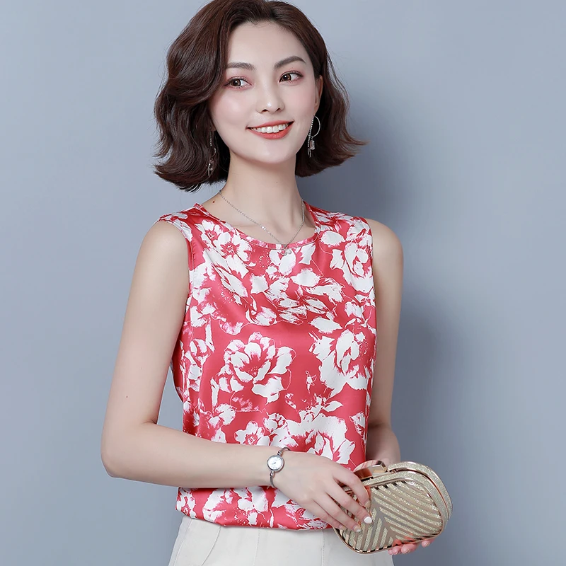 Korean Fashion Silk Women Blouses Satin Print Sleeveless White Women Shirts Plus Size XXXL Womens Tops Blusas Femininas Elegante - 33049081776