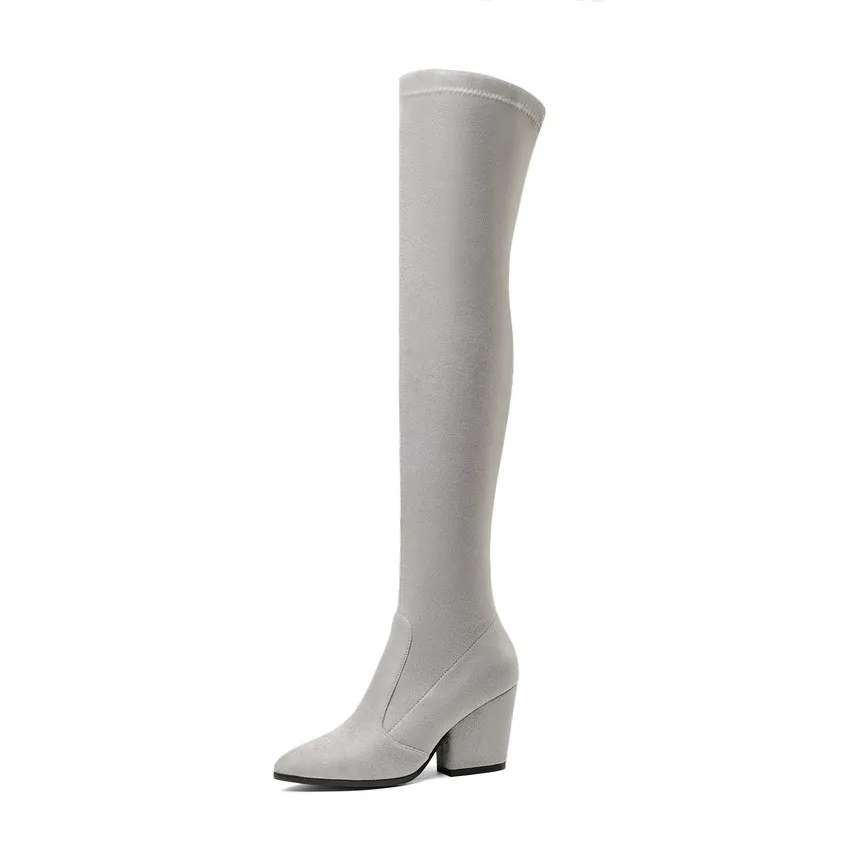QUTAA г. Женские Сапоги выше колена зимняя обувь на толстом каблуке пикантные женские сапоги из эластичной ткани с острым носком размеры 34-43 - Цвет: Light grey