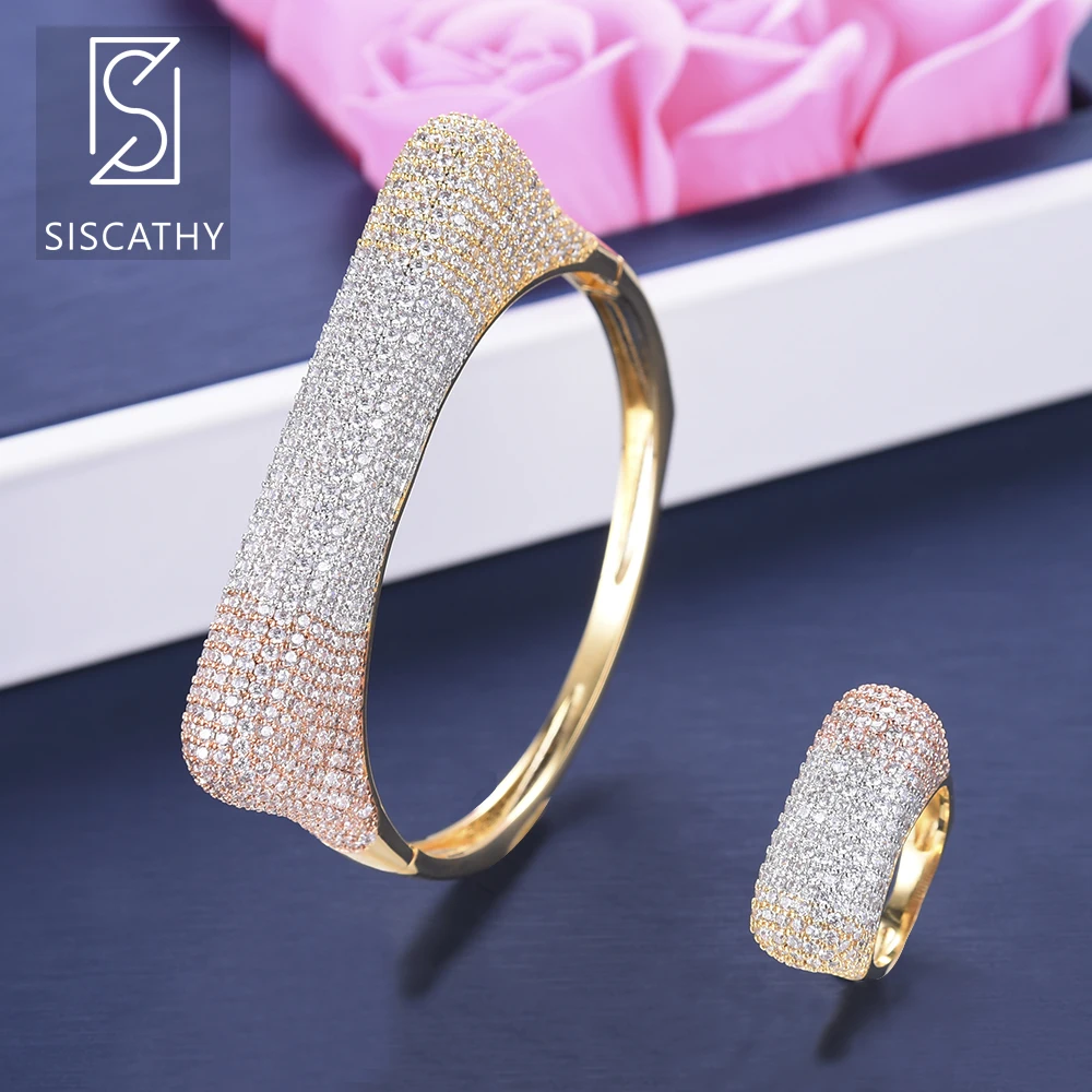 

SISCATHY Luxury Geometric Shape Wedding Jewelry Sets Cubic Zirconia Inlaid Bracelet Ring Jewelry aretes de mujer modernos 2018