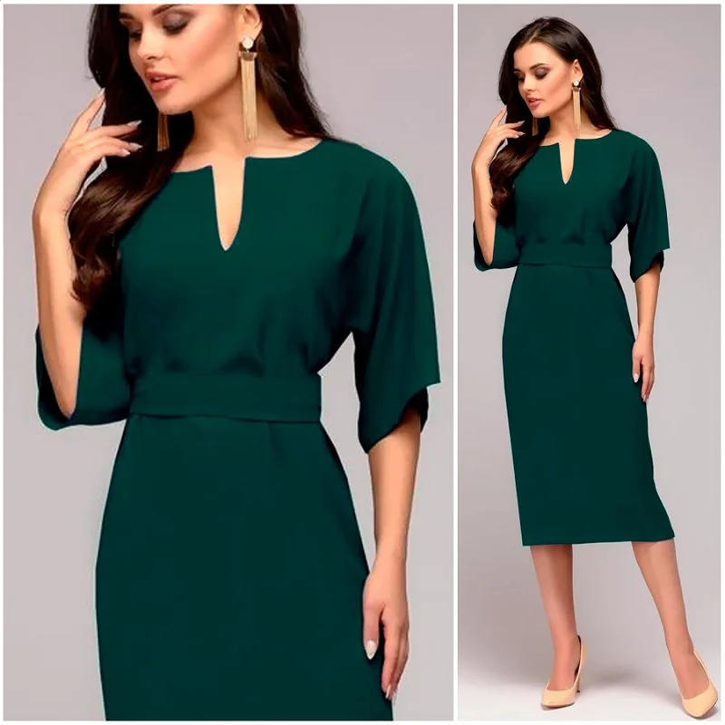 Autumn Elegant Dress 2018 Women Office Dresses Female Sexy V-Neck Knee-Length Burgundy Green Casual Dress