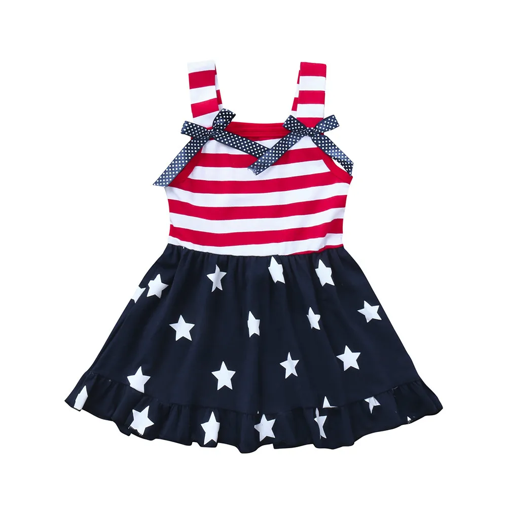 

Toddler Baby Girls Star Print 4th Of July Bowknot Straps Dress Striped baby girl summer clothes Festival celebration #Zer