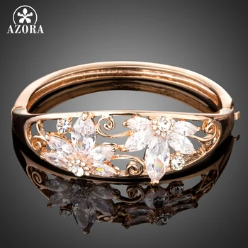 

AZORA Luxurious Jewelry Rose Gold Color Clear Cubic Zirconia Two Flower Pave Bangle Bracelets Wedding Gift Wholesale TB0097
