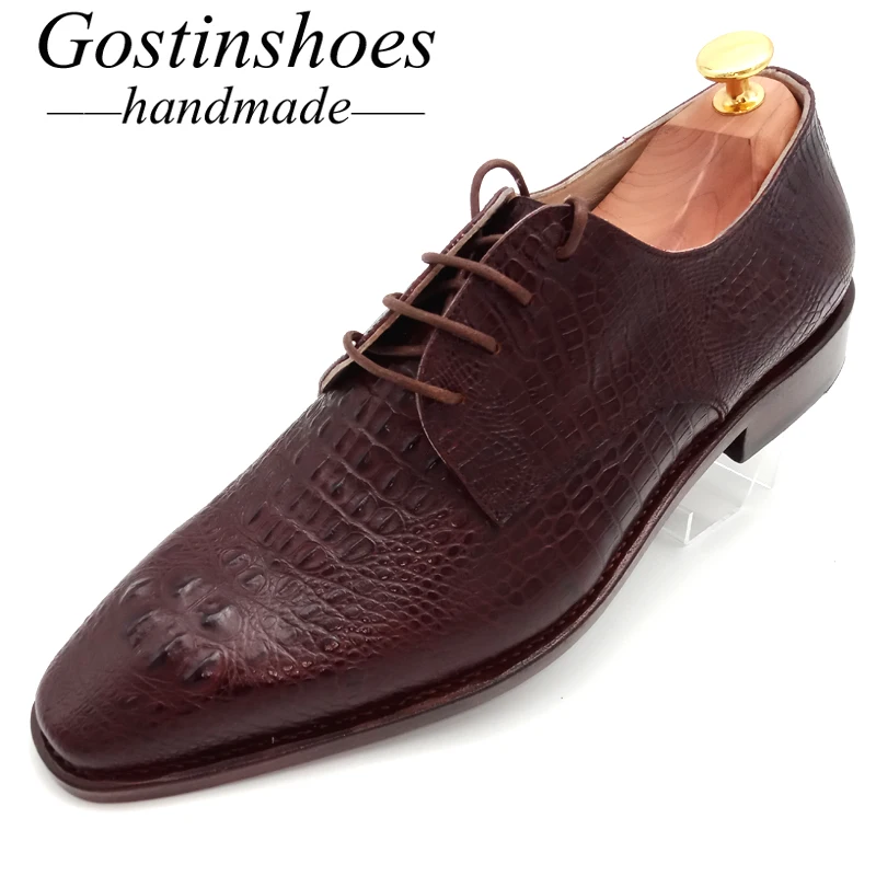 

GOSTINSHOES HANDMADE Goodyear Welted Men's Shoes Brown Full Leather Pointed Toe Lace-up Crocodile Pattern Printed GSTN006